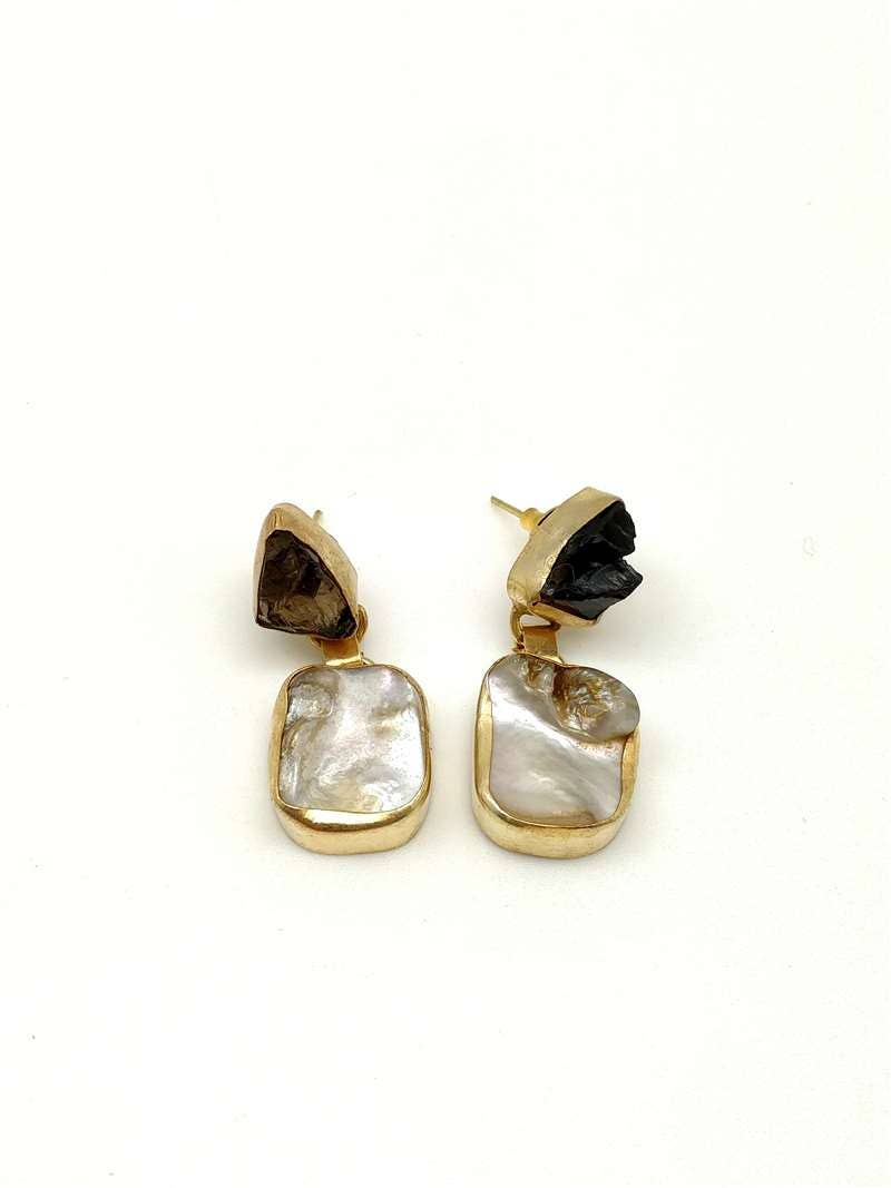 Baroque Pearl and Rough Garnet Gold Earrings