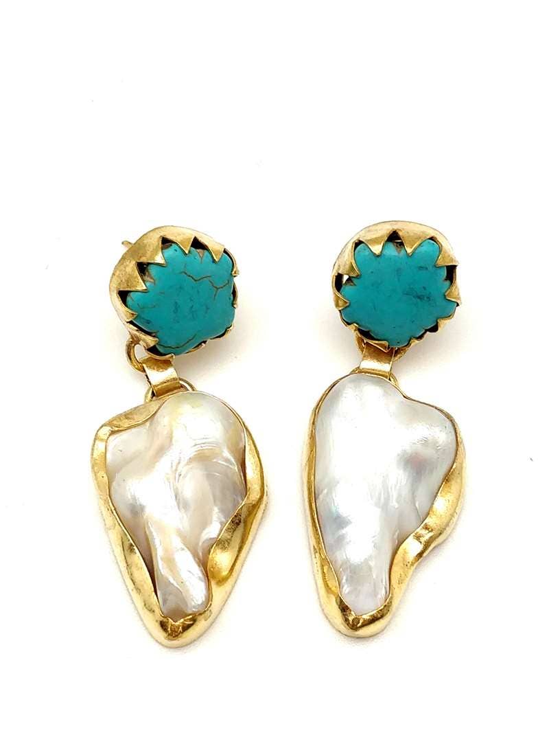 Baroque Pearl and Turquoise Gold Earrings