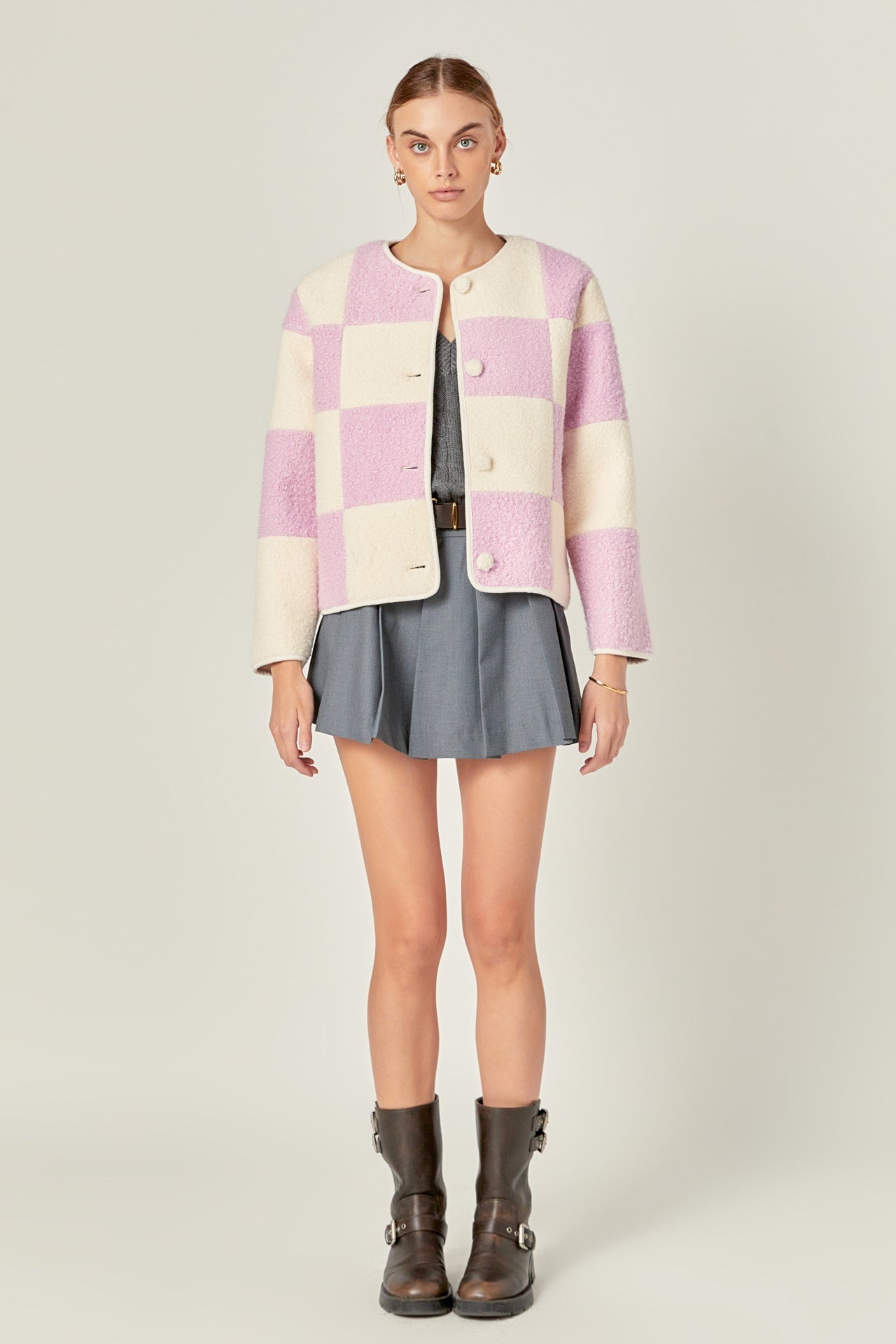 Shearling Check Cardigan