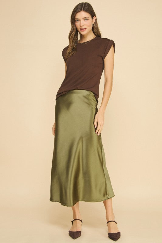 Olive Satin Midi Skirt