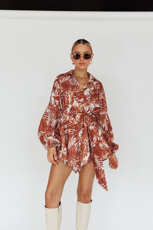 Leaves Print Puff Sleeved Romper