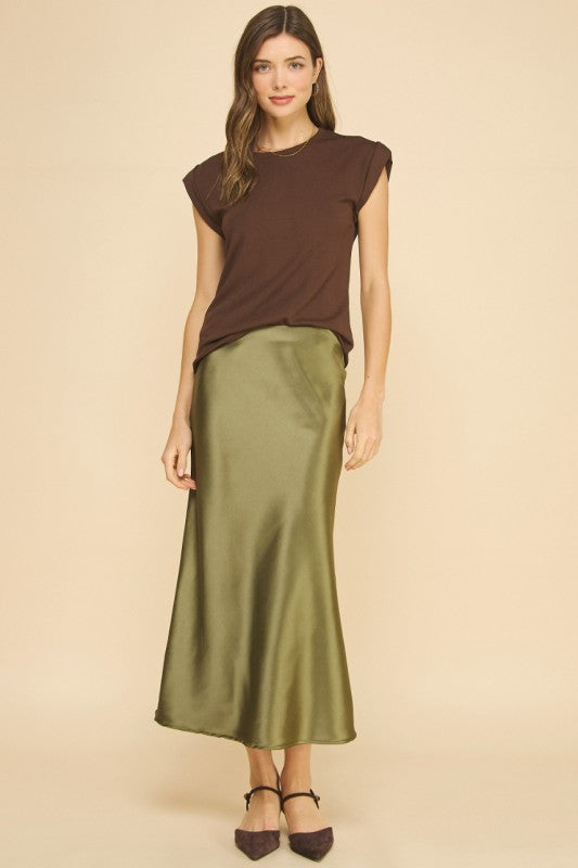 Olive Satin Midi Skirt