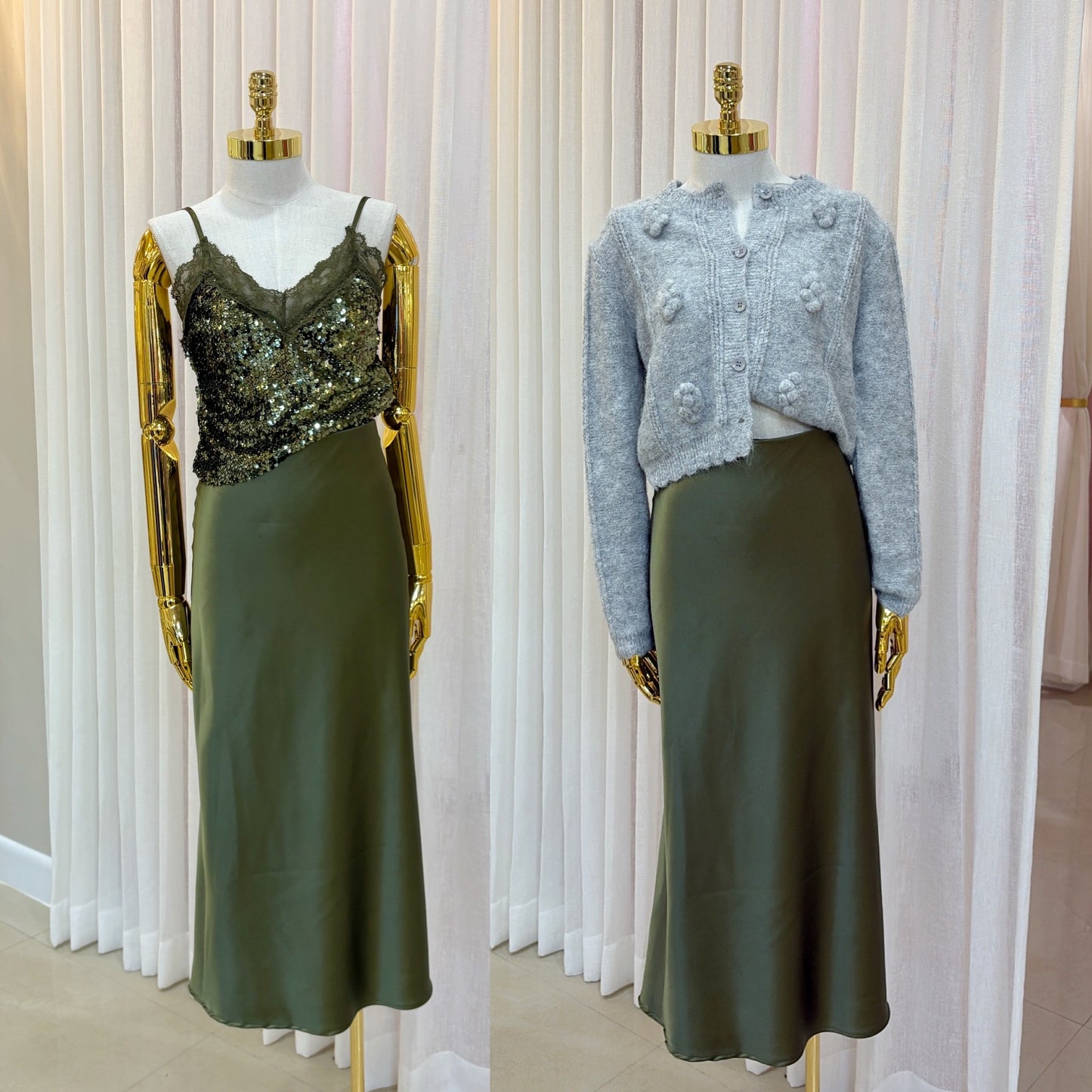 Olive Satin Midi Skirt