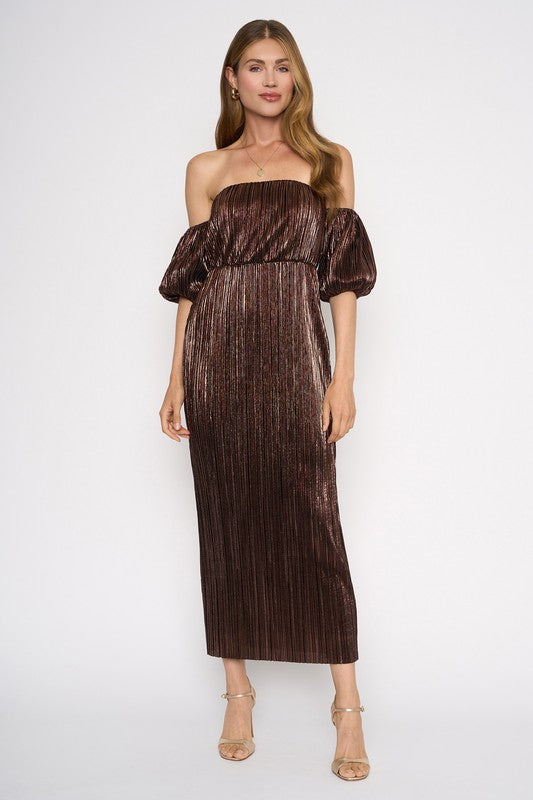 Metallic Brown Off Shoulder Midi Dress