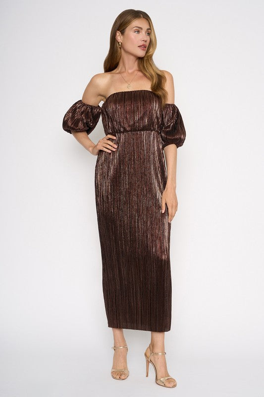 Metallic Brown Off Shoulder Midi Dress